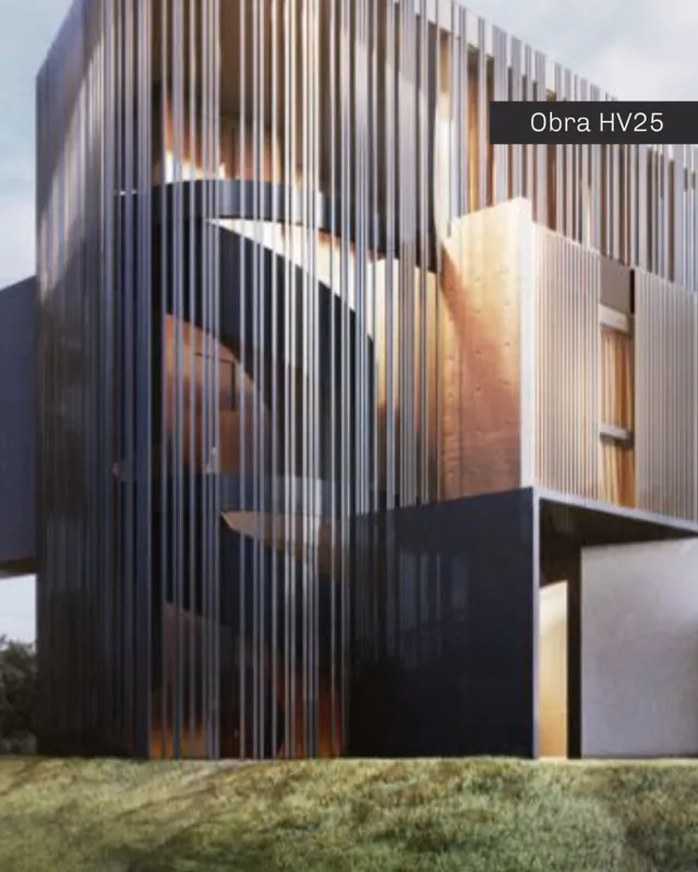 Publicação do perfil @brisa.eng: projeto da Obra HV25, fachada em brises verticais de madeira
